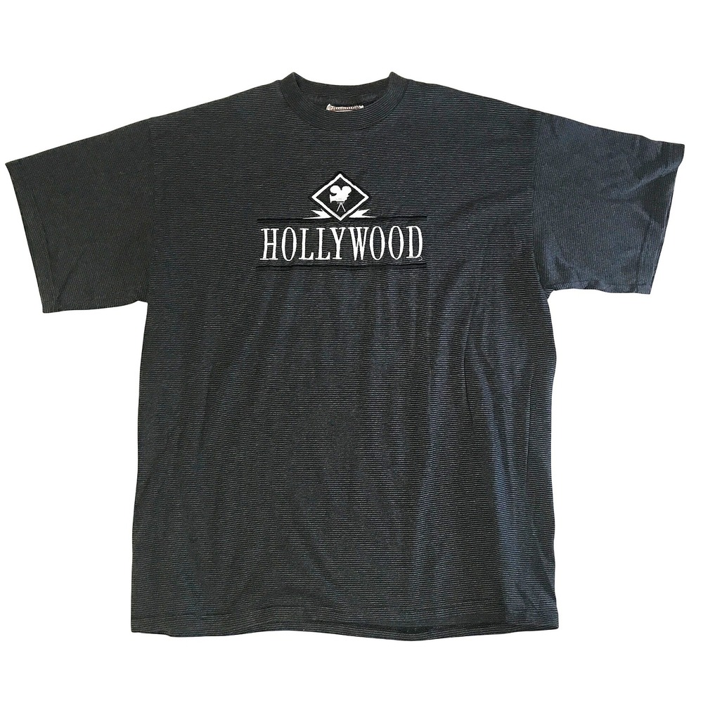 Vintage Time Square Hollywood Embroidered Striped T-Shirt Mens XL Gray Y2K